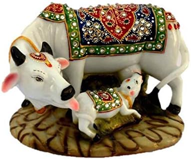 Vaishnavi Marble handicraft Decorative Cow with Calf Statue ShowpieceMarble dust Mixed Resin, Deepawali/Diwali Decoration for Durga Puja/Pooja|Navratri Garba 16x14x10cm (Multicolour,
