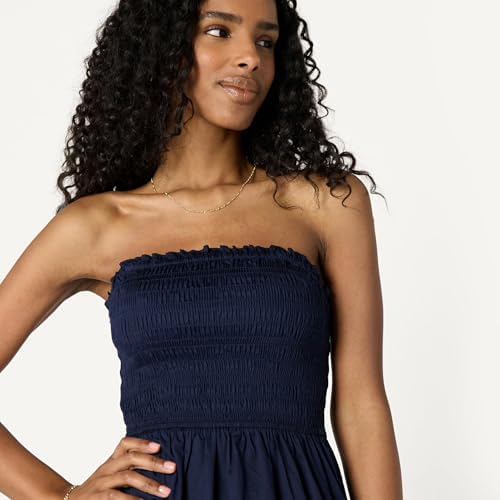 Vestido con Corpiño Nido de Abeja de Satén de Algodón de Corte Recto Mujer, Azul Marino, XS