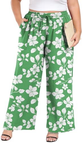 Lastshe Women's Wide Leg Sweatpants Green White Flowers 2X