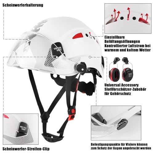 HEARMOR Schutzhelm mit Gehörschutz und Visier, EN 397 Zertifizierter Belüfteter Arbeitshelm, 6-Punkt-Aufhängung, Ideal für Industrie und Baugewerbe, Weiß thumbnail 3
