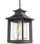 Outdoor Pendant Light Fixtures, Farmhouse Indoor Ceiling Hanging Porch Lantern in Black Metal wit...