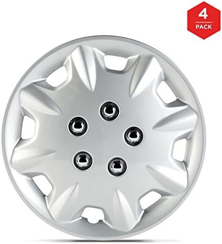 13 Inch ABS Plastic Hubcaps, mAuto Premium Double Coated Quality Car Wheel Covers for Toyota, Corolla, Camry, Honda, Nissan, Ford, Kia Replica Factory Replacement – Silver Star Design – Set of 4