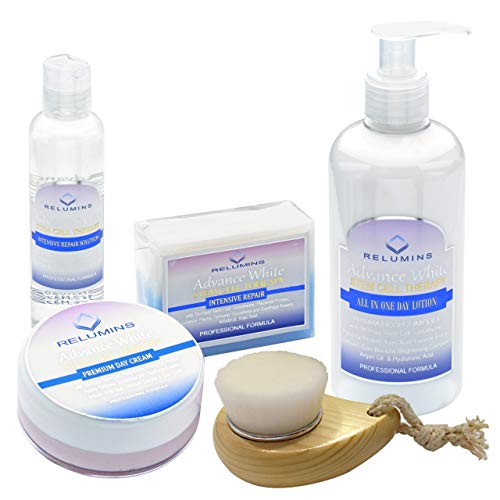 Authentic Relumins Advance White Face & Body Set – TA Stem Cell Premium Day Cream, Intensive Repair Toner, Soap,Wood Brush, All In One Day Lotion