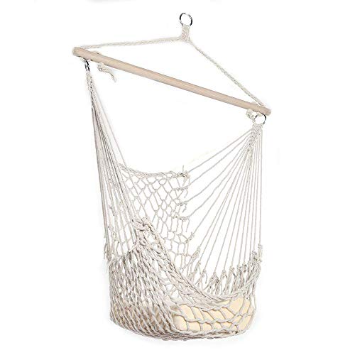 Gonikm Hammock Chair Macrame Swing, Hanging Cotton Rope Macrame Hammock Swing Chair for Indoor, Outdoor Home, Patio, Porch, Deck, Yard, Garden (Beige)