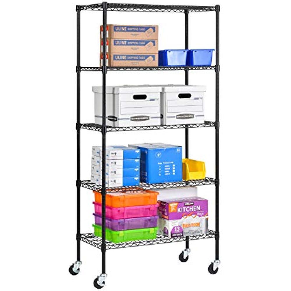 MWS361872BLK 5 Shelf Black Wire Mobile Shelving Unit, 72" Height, 36