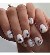 YOSOMK Square Fake Nails Short White Press on Nails with Flower Designs Glossy Stick on Nails Ful...