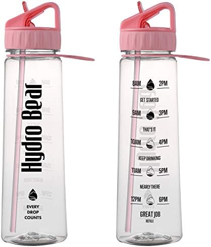 Hydro Bear Motivational Fitness Sports Water Bottle with Time Marker | Measurements | Drink More Water Daily | BPA Free Tritan with Flip Straw | for Outdoors; Adults | Large 30 Ounce
