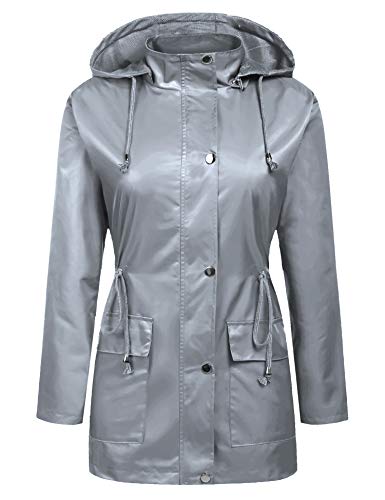 URRU Women's Waterproof Outdoor Raincoat Lightweight Rain Jacket Active Hooded Windbreaker Trench Coat Grey M