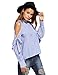 SheIn Women's Striped Ruffle Stand Collar Cold Shoulder Blouse Large Blue