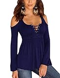 Women Long Sleeve Tops Casual Cold Shoulder Lace Up Neck Blouse T-Shirt Dark Blue Medium