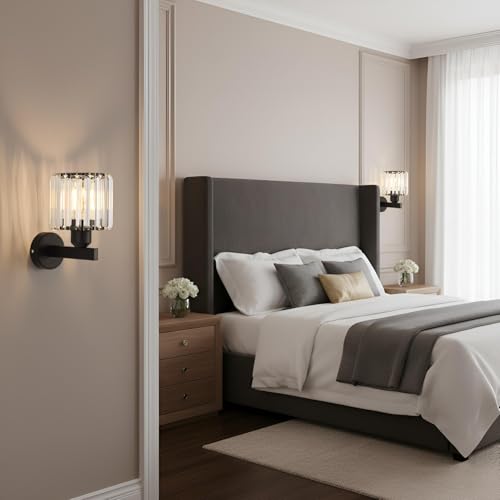 ANWIO Interior Glass Wall Sconce, Black Bedroom Wall Lamp, E27 Wall Lamp, Modern Hallway Sconces for Bedroom, Bedside, Living Room, Staircase (2U, No Bulbs)