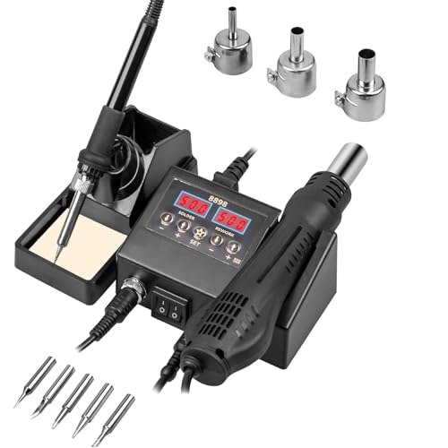 Ctoby 2 in 1 Hot Wind Gun Solder Iron SMD Rework Soldering Station Kit 700W/220V Tabletop Hot Wind Gun Tin Solder Iron Working Soldering Station with Dual LCD Digital Display 11pcs