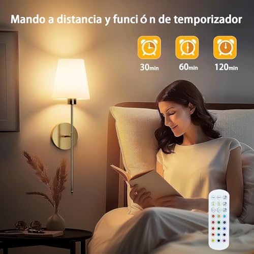 2 PCS lámparas de pared recargables, bombillas regulables desmontables y control remoto, 15 colores Aplique de pared inalámbricas para dormitorio Salón Pasillo (oro)