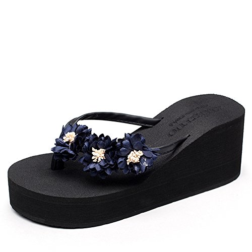 Womens Flip Flop Thong Wedge Sandal Daisy Flower Bohemian Anti-Slip Summer Beach Pool Thick Bottom Slipper