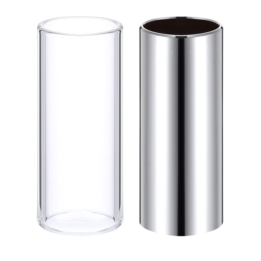 KOMUNJ Slide Guitar Set, 2 Pieces Glass Slide and Stainless Steel Slide Set, Instrument Accessories for Guitar Bass, for Beginners and Professionals