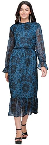Black Floral Printed Teal Blue Crepe Chiffon Maxi Long Drape Dress
