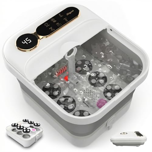 Foldable Heated Foot Bath, Electric Foot Spa Massager with 24 Motorized Shiatsu Massage Rollers, Bubble and Temperature Control, Pedicure Spa Bath for Relaxing