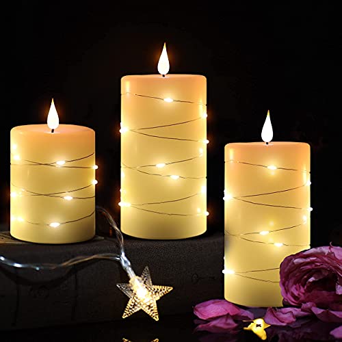 Set of 3 Flickering Flameless Candles with Embedded String Light, Battery Operated Pillar Real Wax 3D Teardrop-Shaped Wick LED Candle Sets with Remote Control Timer