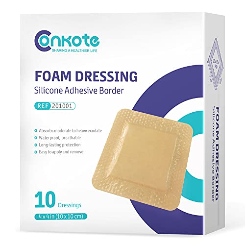Conkote Silicone Adhesive Foam Dressings 4'' X 4'', Waterproof Bandages