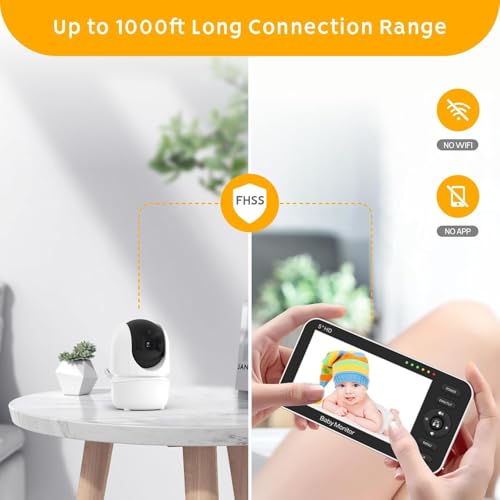 Video Baby Monitor with Camera and Audio, 5" 720P HD Baby Monitor with 30 Hrs battery Life, 1000ft Long Range,Night Vision, Pan Tilt Zoom, VOX Mode,Two-Way Audio,Temperature Sensor,8 Lullabies-A