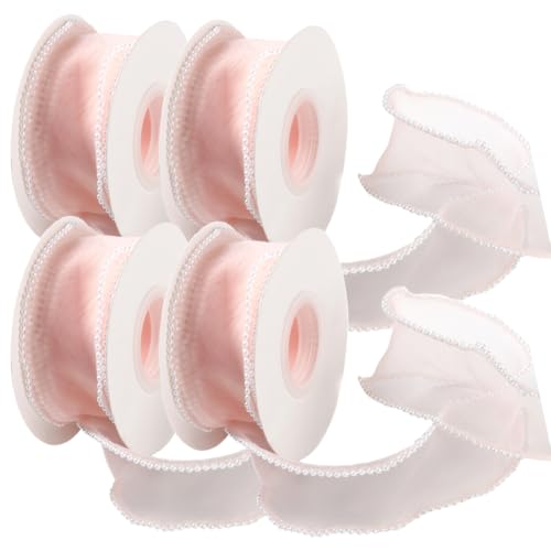 CABODYALS 4 Rolls 18.19M Pink Pearl Ribbon Trim Bridal Pearls Beaded Sheer Transparent Fishtail Chiffon Organza Ribbons With Spool for Gift Wrapping Wedding Invitations Bouquets Christmas Diy Decor