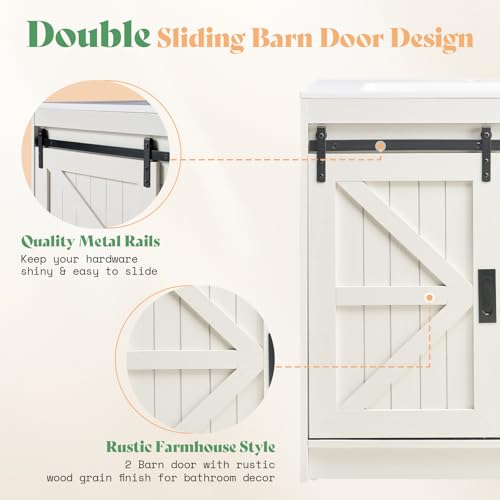 Jocisland Double Farmhouse Bathroom Vanity with Sink, 61in Sliding Barn Door Bathroom Storage Cabinet with Sliding Doors & Drawers, Dual Basin, Large Double Bath Vanity Sink Combo, White