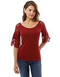 PattyBoutik Women’s Lace Raglan 3/4 Bell Sleeve Blouse (Burgundy M)
