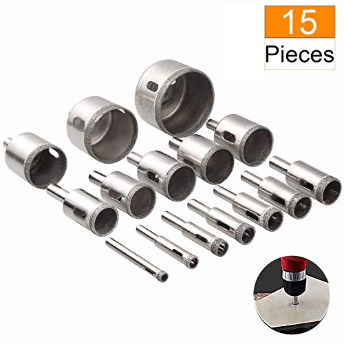 Diamond Drill Bits for Tiles Marble Glass, LANIAKEA 15 Pcs Diamond Holesaw Drill Bit Hole Saw Set - Diam Range 6-50mm (1/4-2inch)