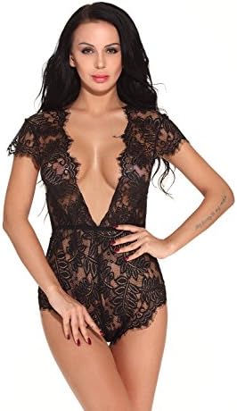 Aminord Women Sexy Lace Lingerie One Piece Teddy Pajamas Babydoll Deep V Romper