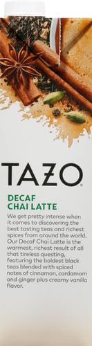 TAZO DECAF CHAI LATTE, BLACK TEA CONCENTRATE, EASY-TO-SERVE CHAI TEA FOR EVERYDAY LATTES, HOT OR ICED TEA AND MOCKTAILS, 32 OZ TEA MIX CARTON