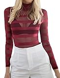 Leadingstar Women Long Sleeve High Collar Stripe Slim Fit See Through Mesh Tops T-Shirts Blouse Wine Red XL