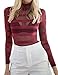Leadingstar Women Long Sleeve High Collar Stripe Slim Fit See Through Mesh Tops T-Shirts Blouse Wine Red XL
