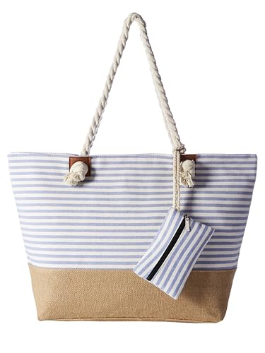 Bolso de playa grande impermeable con cremallera Rayas azul claro