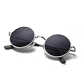 Menton Ezil Round Vintage Mirror Lenses UV protection Polarized unisex Small Lennon Hippie Syle Sunglasses for Men With Black Silver Metal Frame Black Lens ME8124