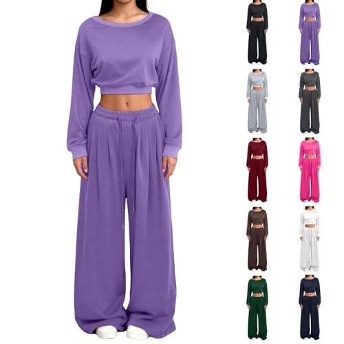DUHGBNE Tracksuit Womens Full Set Plus Size Lounge Wear Sets for Women UK Gym Wear Womens Set Casual Slim Fit Long Sleeve Tops Matching Wide Leg Sweatpants Women 2 Tracksuit Full