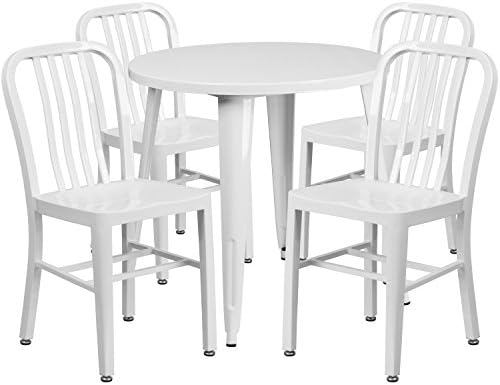 Winston Direct's Leisure Series 30'' Round Metal Patio Table Set with 4 Vertical Slat Back Chairs - White Patio Set Powder Coat Finish