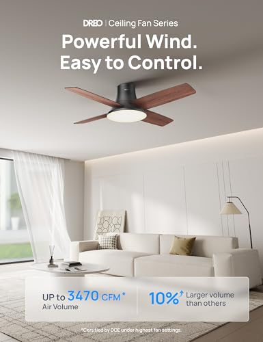 DREO Ceiling Fans with Lights and Remote, 44'' Low Profile Black Ceiling Fan for Bedroom and Living Room, 6-Level Dimmable & 5-Color Tone, 6 Speeds, Reversible DC Motor, Easy Installation, Timer
