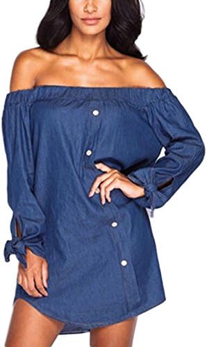 NANFANGLI Women Summer Dress Sexy Off-Shoulder Long Sleeve Casual Loose Jeans Dresses