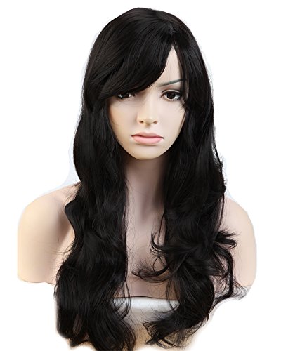 S-noilite Women Long Wavy Dark Black Full Wigs With Bangs Natural Curly Daily Cosplay Party Costume Heat Resistant Synthetic Hair Wig 19inch