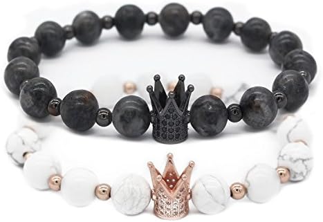 Gemfeel 8mm Black Labradorite & White Howlite CZ Her King/His Queen 8mm Beads Couple Bracelet, 7.6"+7.2"