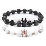Gemfeel 8mm Black Labradorite & White Howlite CZ Her King/His Queen 8mm Beads Couple Bracelet, 7.6
