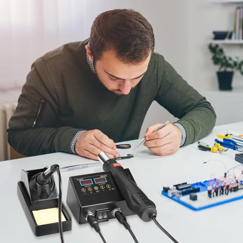 Solda, Ferro de Solda Termostática Inteligente, 110V Estação de Retrabalho, Estação de Solda, Kit de Estação de Retrabalho de Ar Quente 2 em 1, Função de Ar Quente, Equipado com 3 Bicos de Ar Quente