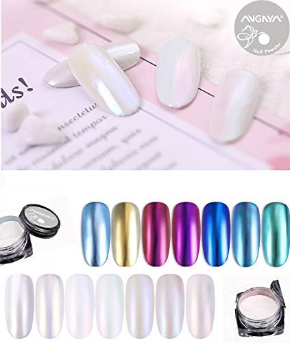 ANGNYA 7 Box Pearl Powder Mirror Shell Powder Rainbow Nail Art Metallic Chrome Glitter Manicure Pigment with 7 Sponge Stick