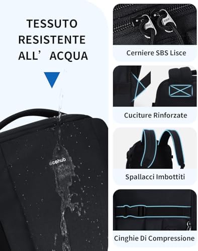 Zaino Ryanair 40x20x25, Zaino da Viaggio da 20L con 10 Tasche, Valigia Bagaglio a Mano Porta PC 14 pollici, Zaini Donna Uomo in PET Riciclato per Trekking e Lavoro（Nero）