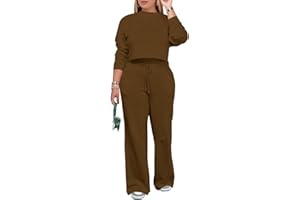 PINSV Women's 2 Piece Outfits Sweatsuit Set Long Sleeve Crop Top Drawstring Wide Leg Pants with Pockets Tracksuits Casual Set