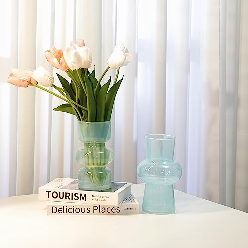 2PCS Glass Vase Blue Transparent, Hydroponic Bubble Glass Vases for Flowers, ViViTOP Modern Style Decorative Medium Vases for Centerpieces Home Decor Wedding Reception Table(7\