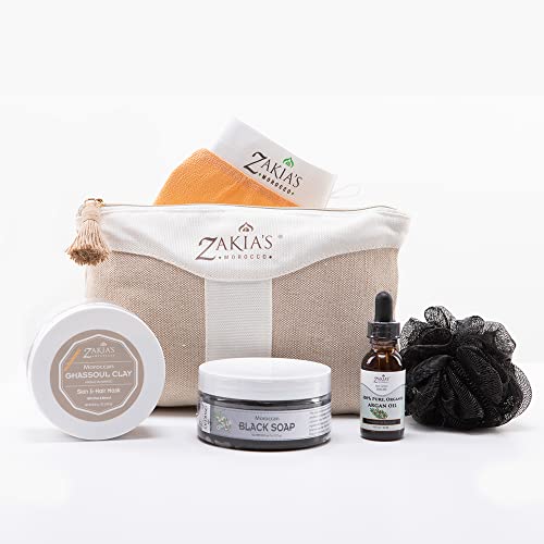 Moroccan Hammam Spa Rejuvinating Ritual Beauty Skincare Kit - 6 piece, Moroccan Black Soap, Body Clay, Argan Oil, Pure & Natural, Purifying, Cleansing, exfoliating for every skin type. Original