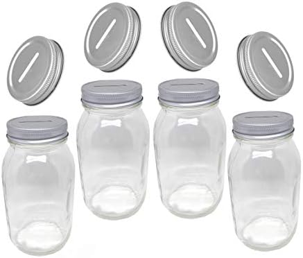 BlooBay Glass Piggy Deposit Jars Money Savings Bank, For Boys, Girls, Kids, Adults, Of Regular Mouth, Smooth Sided Mason Jar with Slotted Lids, For All ages, Family Fun Pack, Set of 4. (Silver, Quart)