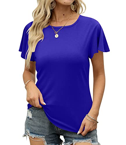 ALIMASHA Womens Tshirt Ruffle Short Sleeve Round Neck Tunic Casual Tops Loose Fit Ruffle Loose Fit Flowy Summer T-Shirts