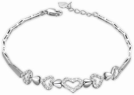 14 ct 585 White Gold Hearts with Diamond Cut Segment Bracelet of 17.5 cm/ 6.5 Inch, Jewellery Gift for Women